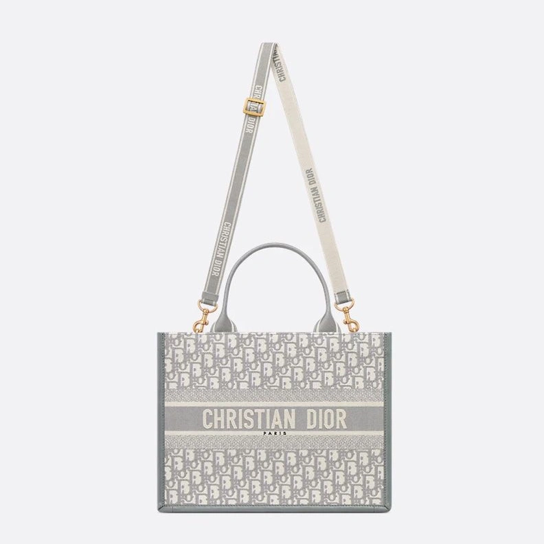 Dior Book Tote with Strap In Oblique Motif Canvas and Calfskin Grey Comfortable 1199