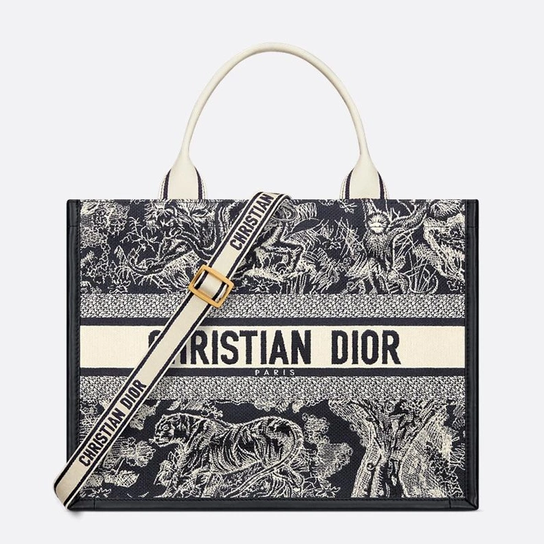Dior Book Tote with Strap In Toile De Jouy Motif Canvas and Calfskin Black Fashionable 1598