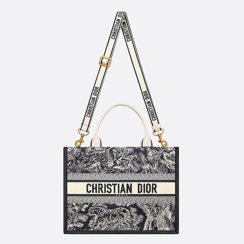 Dior Book Tote with Strap In Toile De Jouy Motif Canvas and Calfskin Black Fashionable 1598
