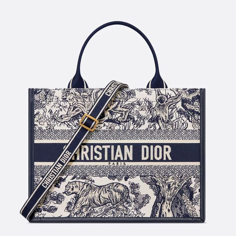 Dior Book Tote with Strap In Toile De Jouy Motif Canvas and Calfskin Blue BestValue 3749