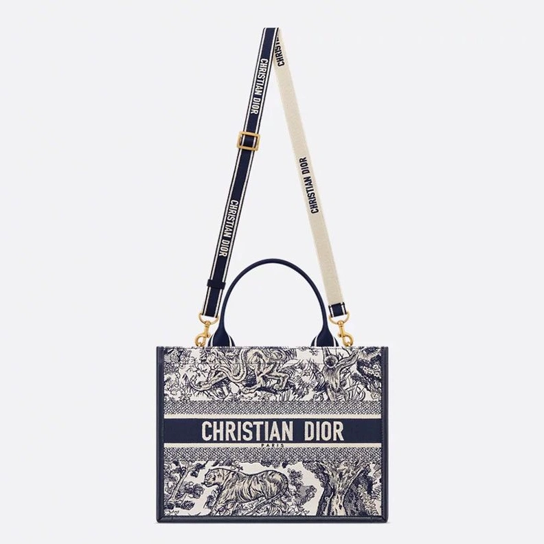 Dior Book Tote with Strap In Toile De Jouy Motif Canvas and Calfskin Blue BestValue 3749