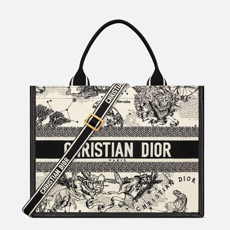 Dior Book Tote with Strap In Toile de Jouy Zodiac Motif Canvas and Calfskin White GoodFit 3724