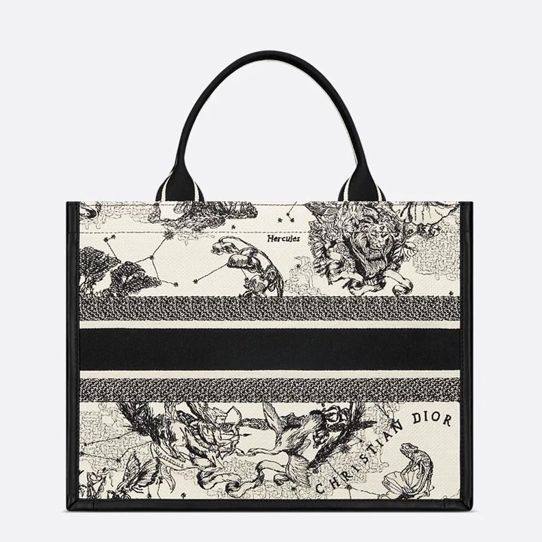 Dior Book Tote with Strap In Toile de Jouy Zodiac Motif Canvas and Calfskin White GoodFit 3724