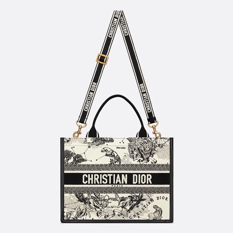Dior Book Tote with Strap In Toile de Jouy Zodiac Motif Canvas and Calfskin White GoodFit 3724
