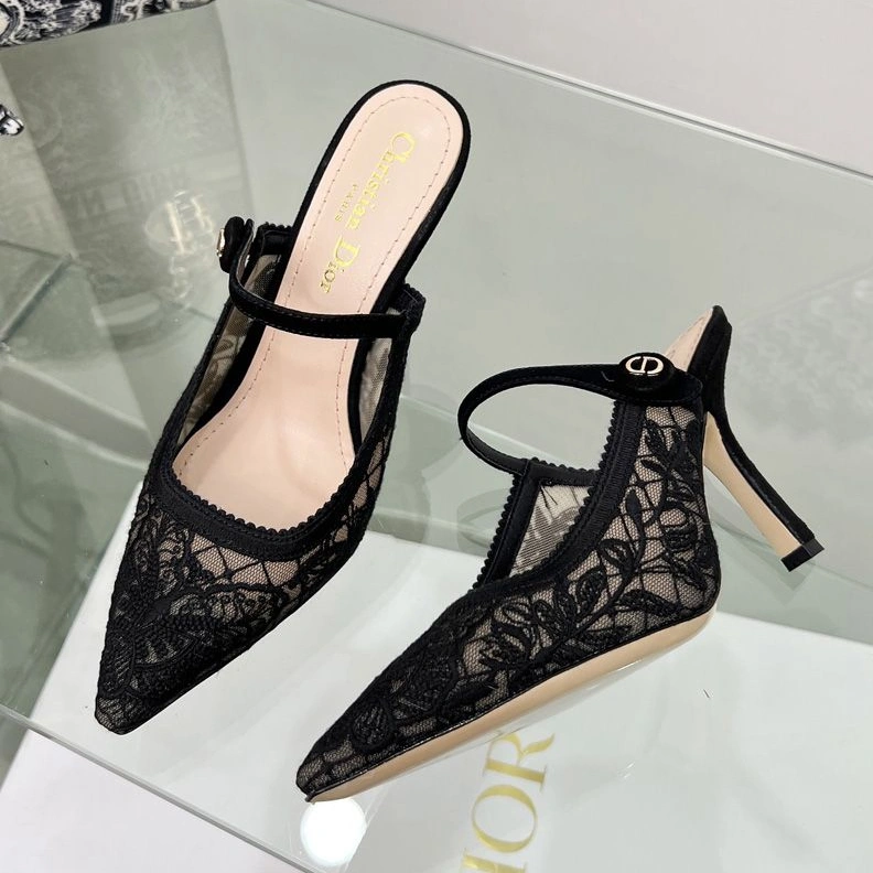 Dior Capture Heeled Mules Women Butterfly Motif Transparent Mesh Black Popular 6119