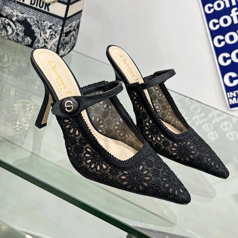 Dior Capture Heeled Mules Women Saint-Gall Floral Motif Transparent Mesh Black Popular 3130