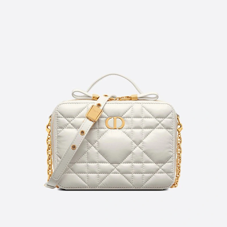 Dior Caro Box Bag with Chain Cannage Calfskin White Comfortable 6382