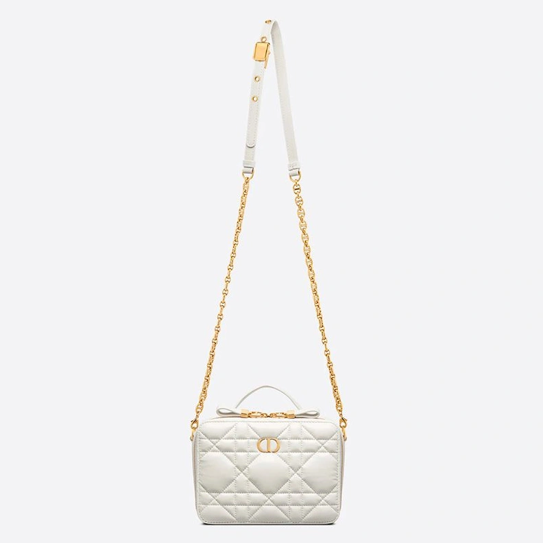 Dior Caro Box Bag with Chain Cannage Calfskin White Comfortable 6382