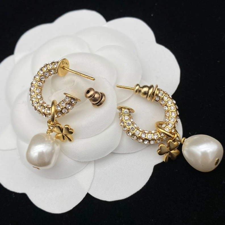 Dior Clair D Lune Earrings Metal, White Crystals and White Resin Pearl Gold NewStyle 1157
