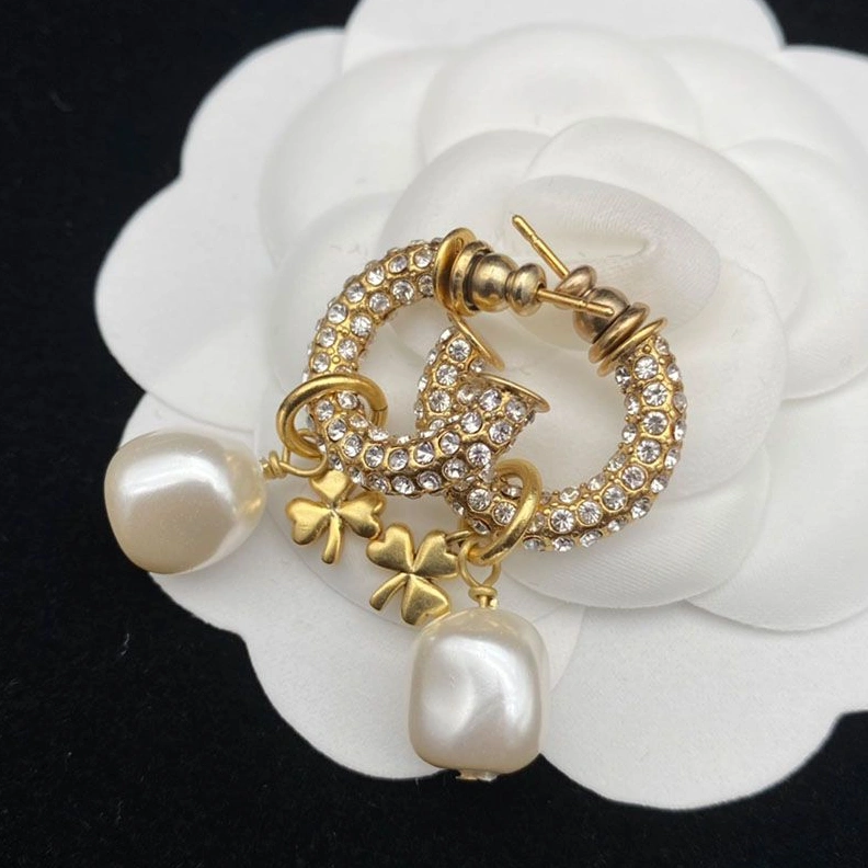 Dior Clair D Lune Earrings Metal, White Crystals and White Resin Pearl Gold StreetReady 5444