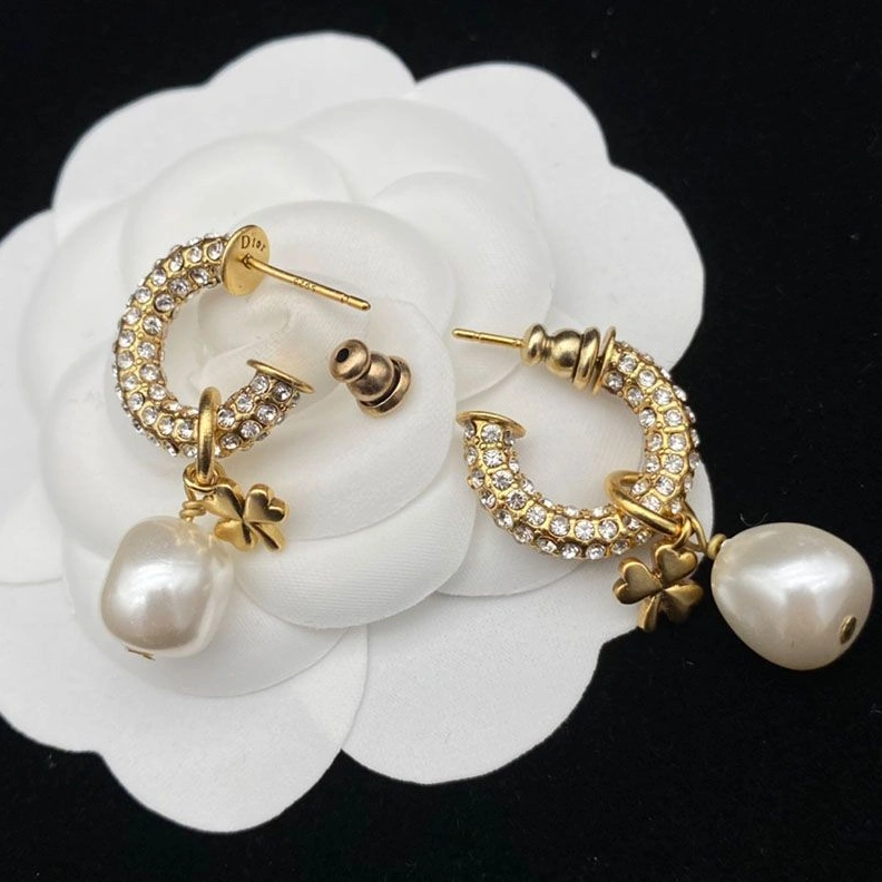 Dior Clair D Lune Earrings Metal, White Crystals and White Resin Pearl Gold StreetReady 5444
