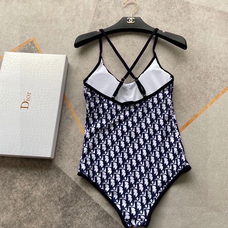 Dior Crisscross Swimsuit Women Oblique with Bee CD Motif Lycra Navy Blue UrbanStyle 1817