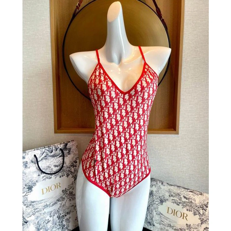 Dior Crisscross Swimsuit Women Oblique with Bee CD Motif Lycra Red StreetReady 1956