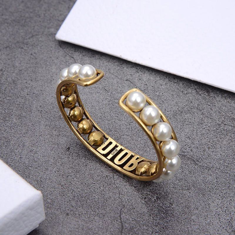 Dior Cuff Bracelet Antique Metal with White Resin Pearls and White Crystals Gold BestValue 3085