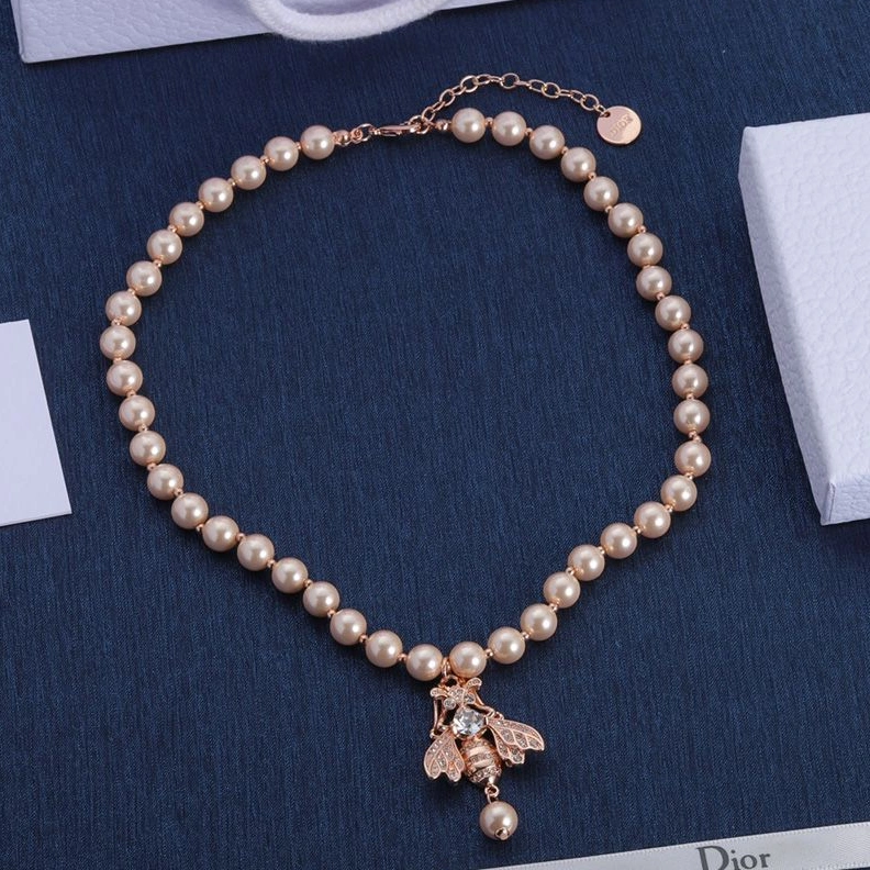 Dior D-Bee Necklace Metal with Pearls and Crystals Pink BestValue 8860