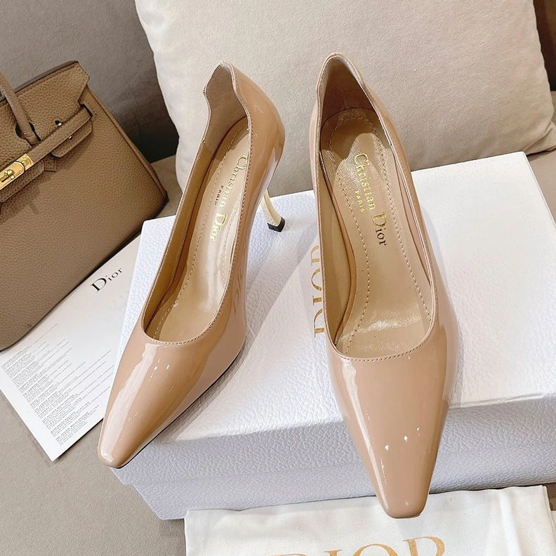 Dior D-Fame Pumps Women Patent Leather Apricot Comfortable 9661