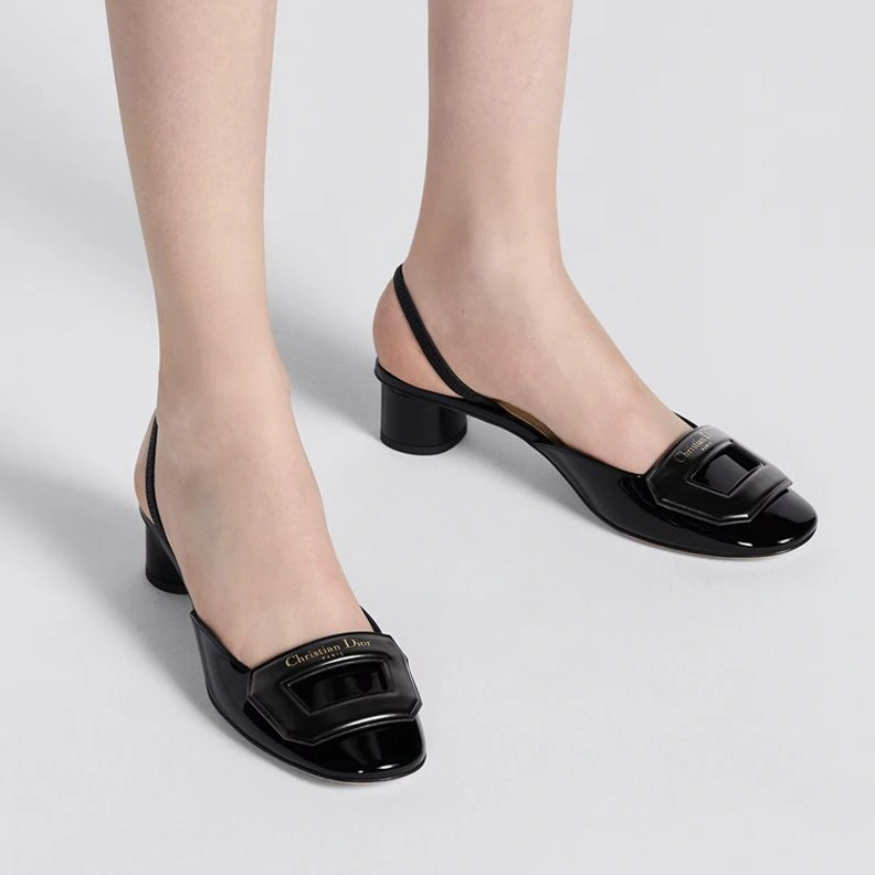 Dior Day Slingback Pumps Women Patent Calfskin Black Comfortable 9896