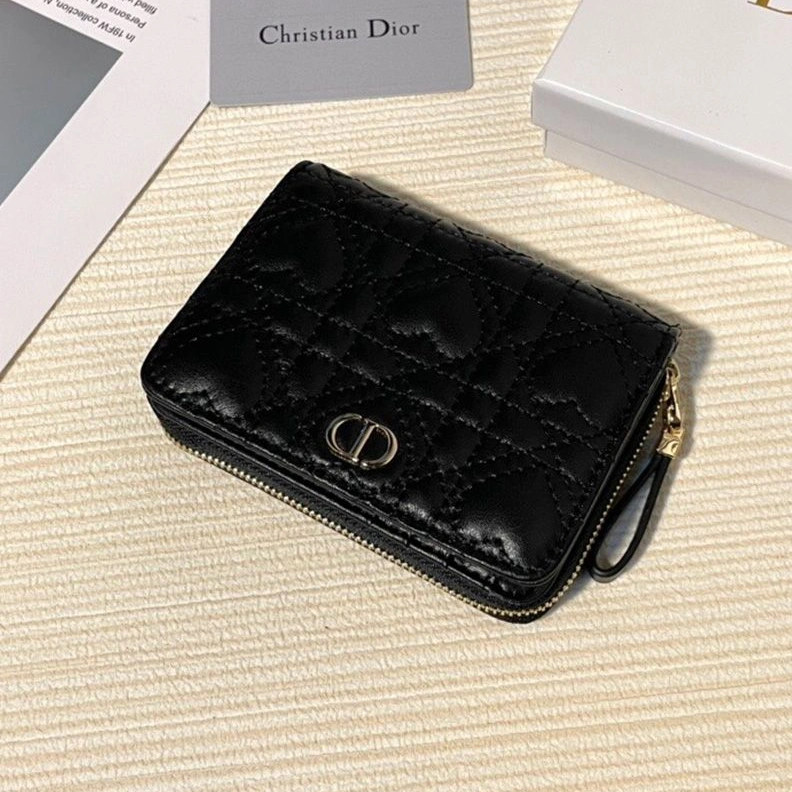 Dior Flap Zipper Card Holder Cannage Lambskin Black Comfortable 6586