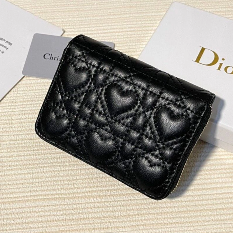 Dior Flap Zipper Card Holder Cannage Lambskin Black Comfortable 6586