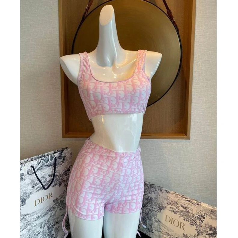 Dior High Waisted Bandeau Bikini Women Oblique Motif Lycra Pink NewStyle 6117