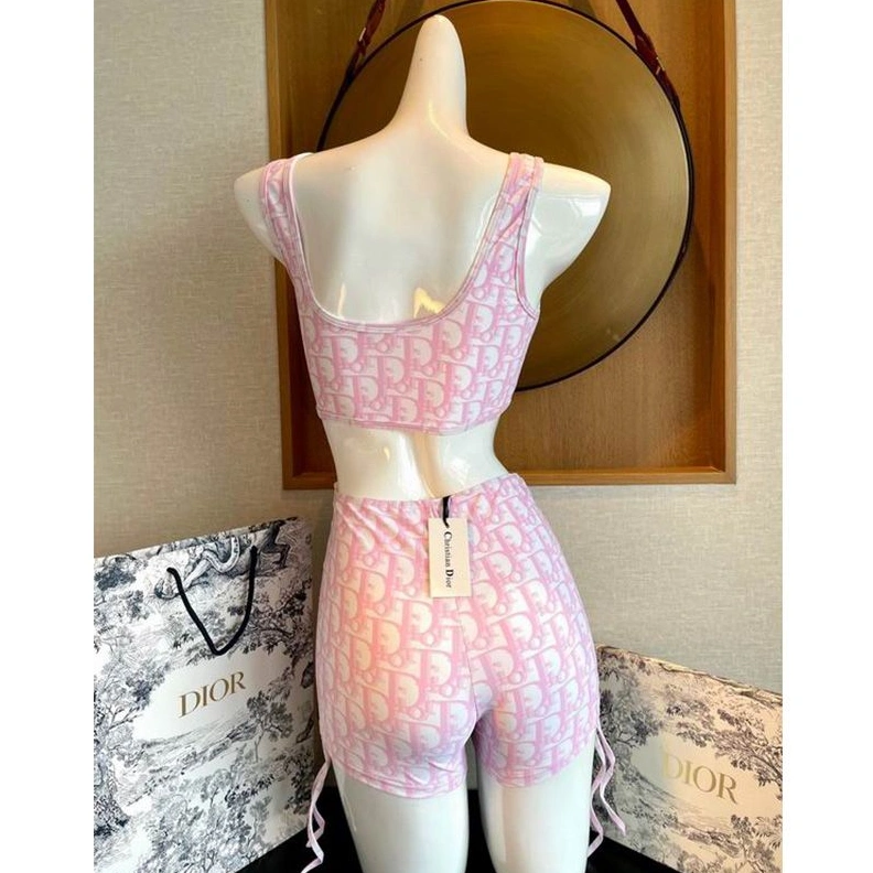 Dior High Waisted Bandeau Bikini Women Oblique Motif Lycra Pink NewStyle 6117
