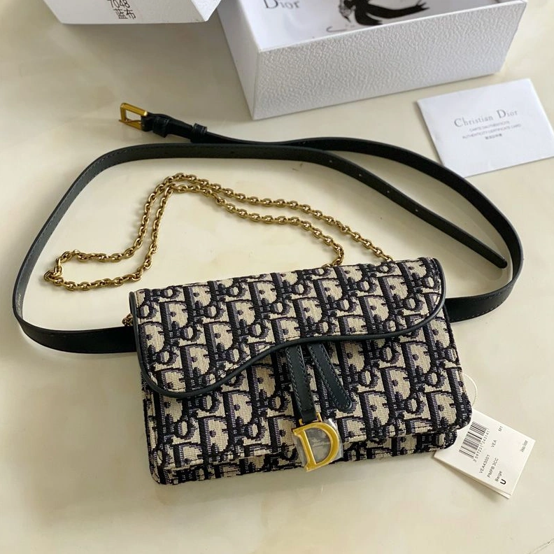 Dior Saddle Belt Pouch with Chain Oblique Motif Canvas Blue TopPick 8008