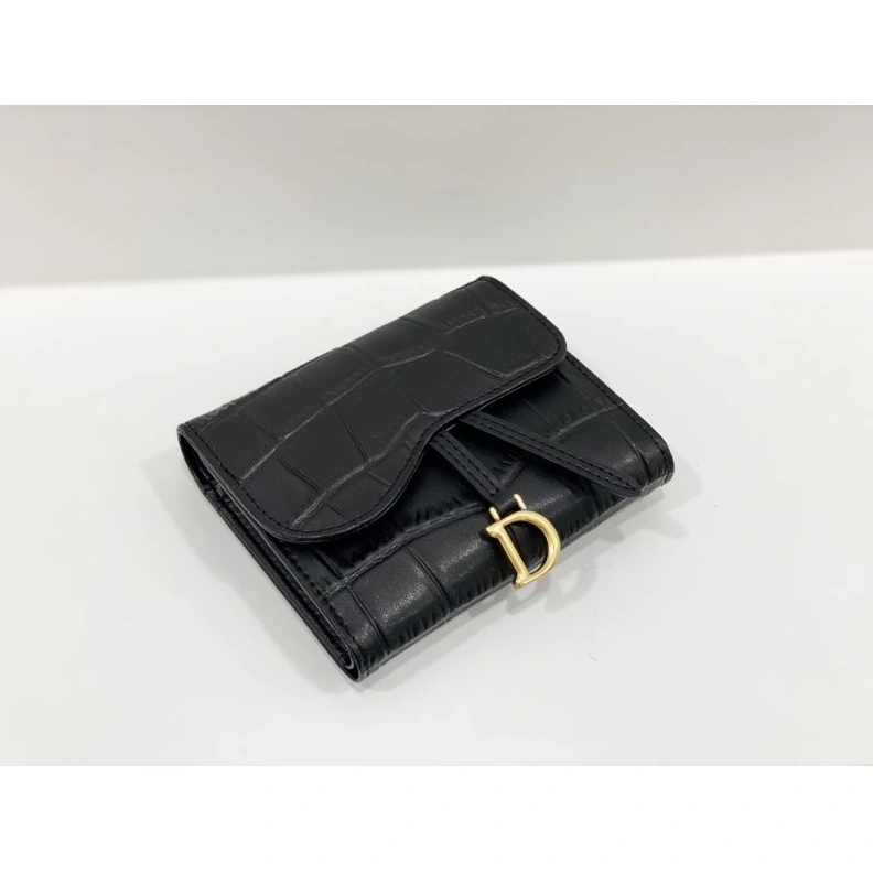 Dior Saddle Card Holder Crocodile-Embossed Calfskin Black Fashionable 4133