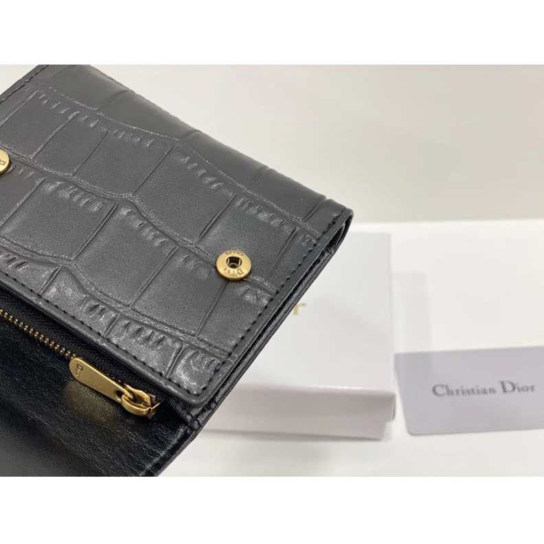 Dior Saddle Card Holder Crocodile-Embossed Calfskin Black Fashionable 4133