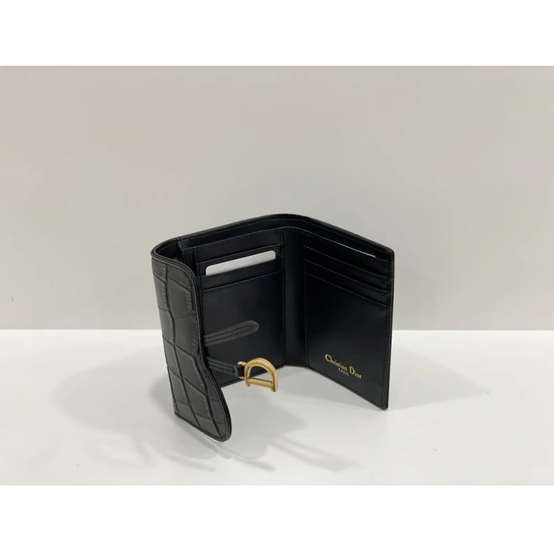 Dior Saddle Card Holder Crocodile-Embossed Calfskin Black Fashionable 4133