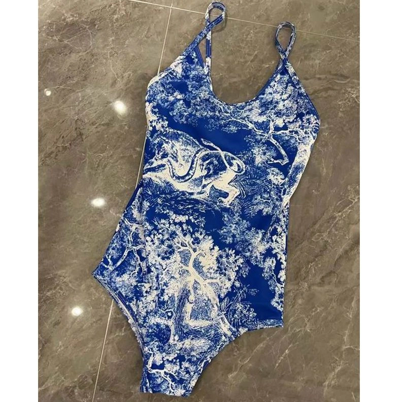 Dior Swimsuit Women Toile De Jouy Motif Lycra Blue Popular 9951
