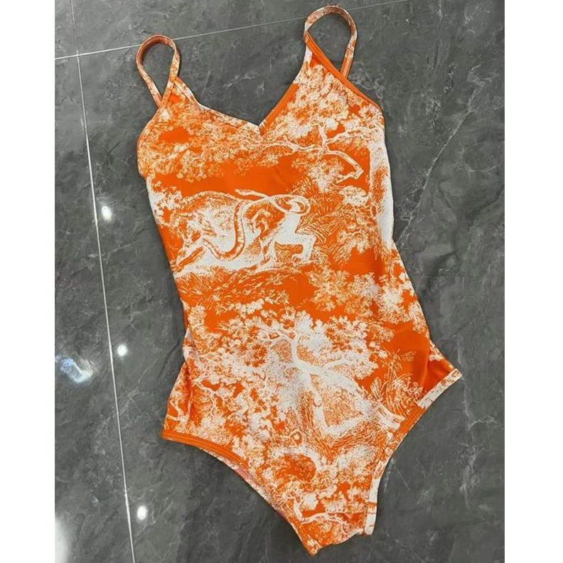 Dior Swimsuit Women Toile De Jouy Motif Lycra Orange Trendy 7619