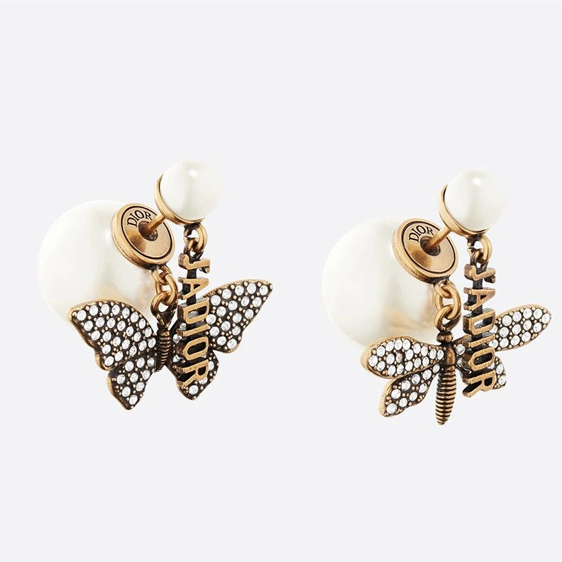 Dior Tribales Earrings Antique Metal, White Resin Pearls and White Crystals Gold BestValue 8123