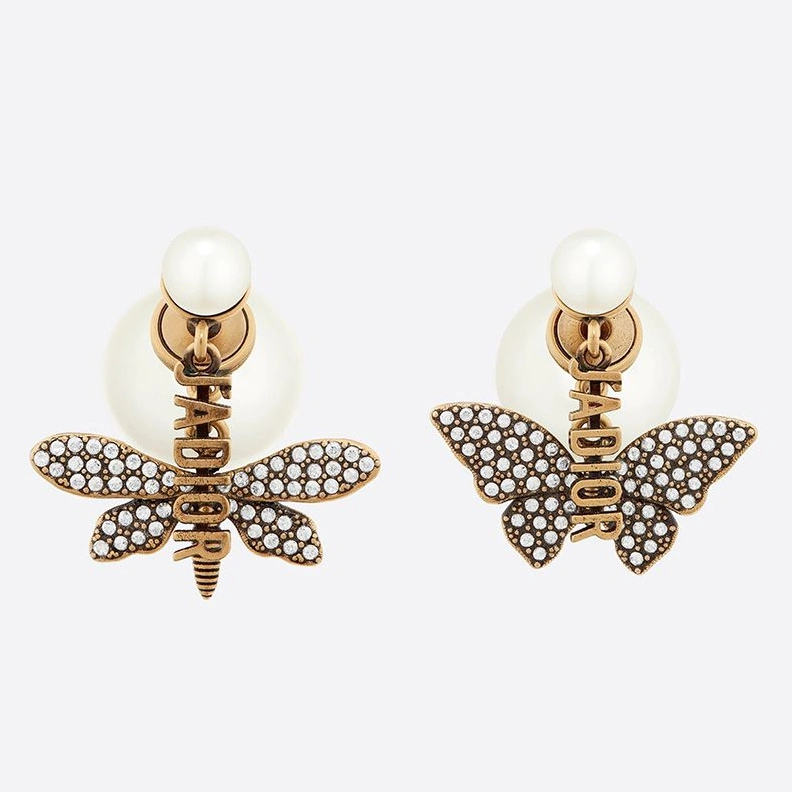 Dior Tribales Earrings Antique Metal, White Resin Pearls and White Crystals Gold BestValue 8123