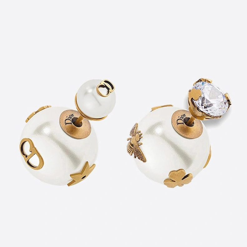 Dior Tribales Earrings Antique Metal with White Resin Pearls and a White Crystal Gold Comfortable 9063