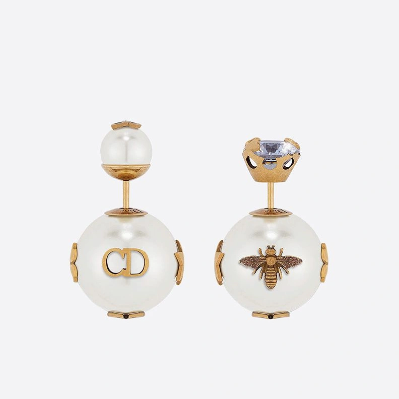 Dior Tribales Earrings Antique Metal with White Resin Pearls and a White Crystal Gold Comfortable 9063