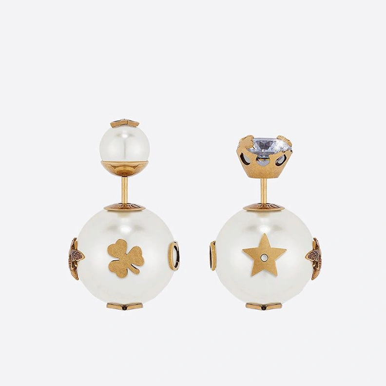 Dior Tribales Earrings Antique Metal with White Resin Pearls and a White Crystal Gold Comfortable 9063
