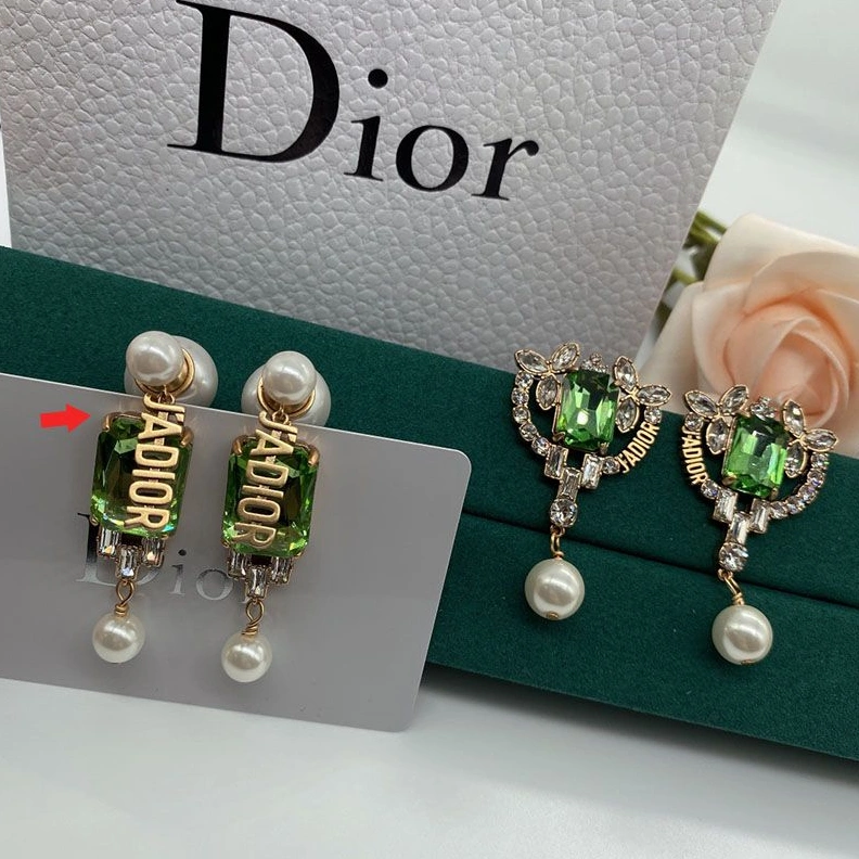 Dior Tribales Earrings Metal, White Resin Pearls with Green and Silver Crystals Gold HighQuality 856