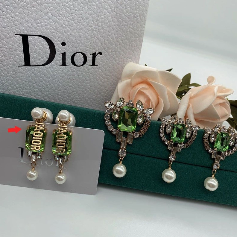 Dior Tribales Earrings Metal, White Resin Pearls with Green and Silver Crystals Gold HighQuality 856