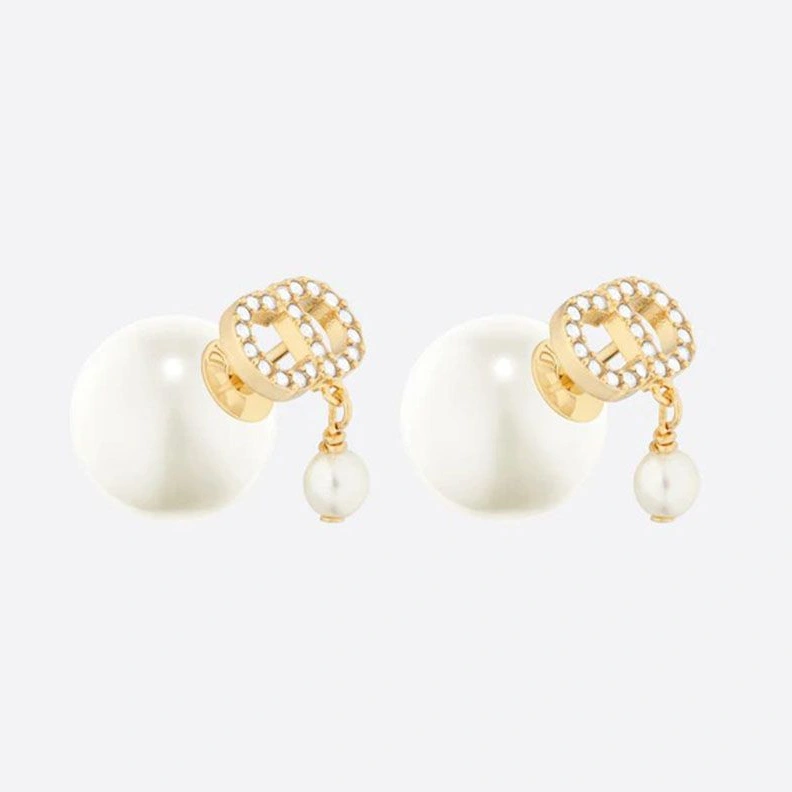Dior Tribales Earrings Metal With White Resin Pearls And White Crystals Gold Affordable 7632