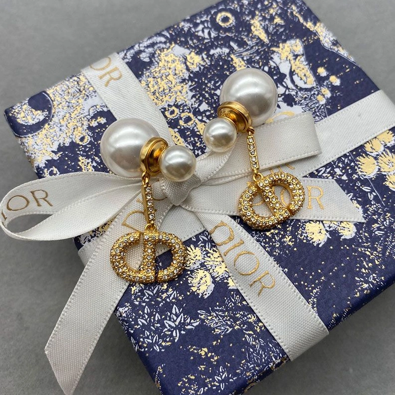 Dior Tribales Earrings, White Resin Pearls and Silver Crystals Gold Affordable 5168