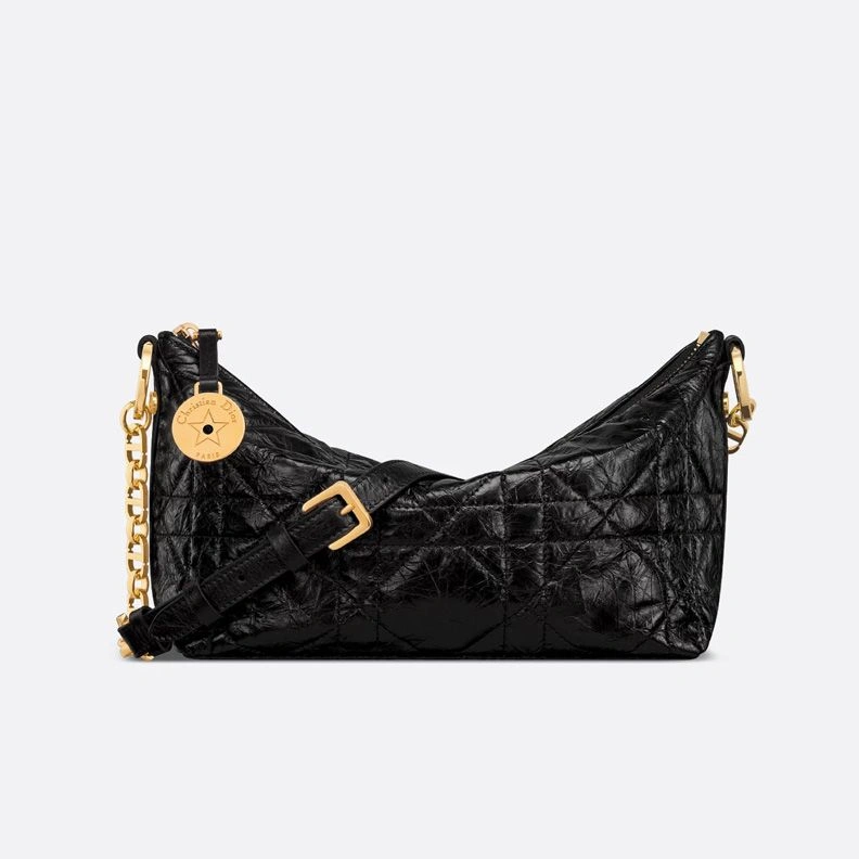 Diorstar Hobo Bag with Chain In Macrocannage Crinkled Calfskin Black HighQuality 2589