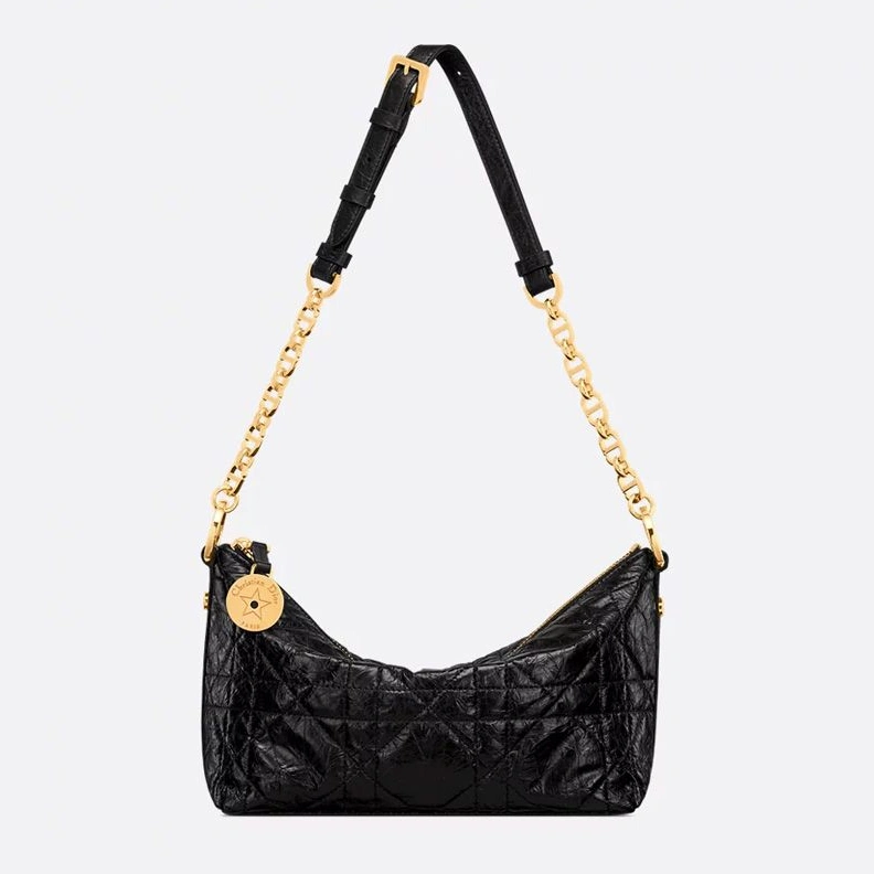 Diorstar Hobo Bag with Chain In Macrocannage Crinkled Calfskin Black HighQuality 2589