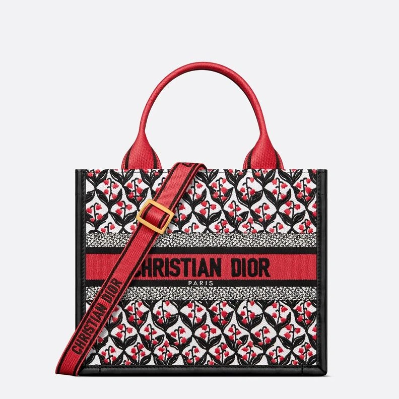 EasyMatch 3903 Dior Book Tote with Strap In Dioramour Lily Of The Valley Motif Canvas and Calfskin Red