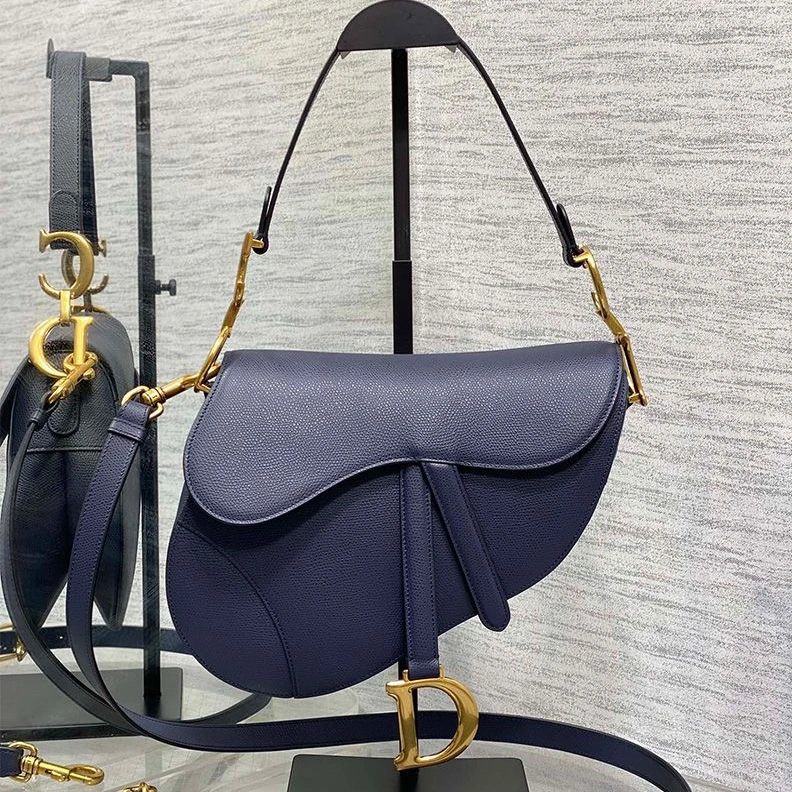 EasyMatch 4505 Dior Saddle Bag with Strap In Grained Calfskin Navy Blue