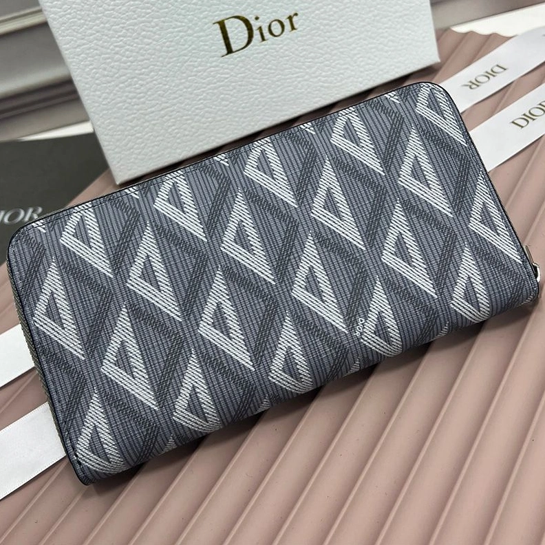 EasyMatch 6317 Large Dior Zip Wallet CD Diamond Motif Calfskin Grey