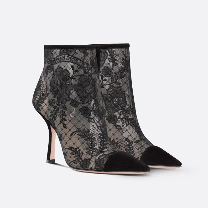 EasyMatch 8885 Dior Capture Heeled Ankle Boots Women Roses Motif Transparent Mesh Black