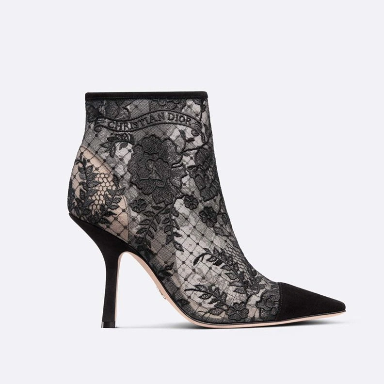 EasyMatch 8885 Dior Capture Heeled Ankle Boots Women Roses Motif Transparent Mesh Black