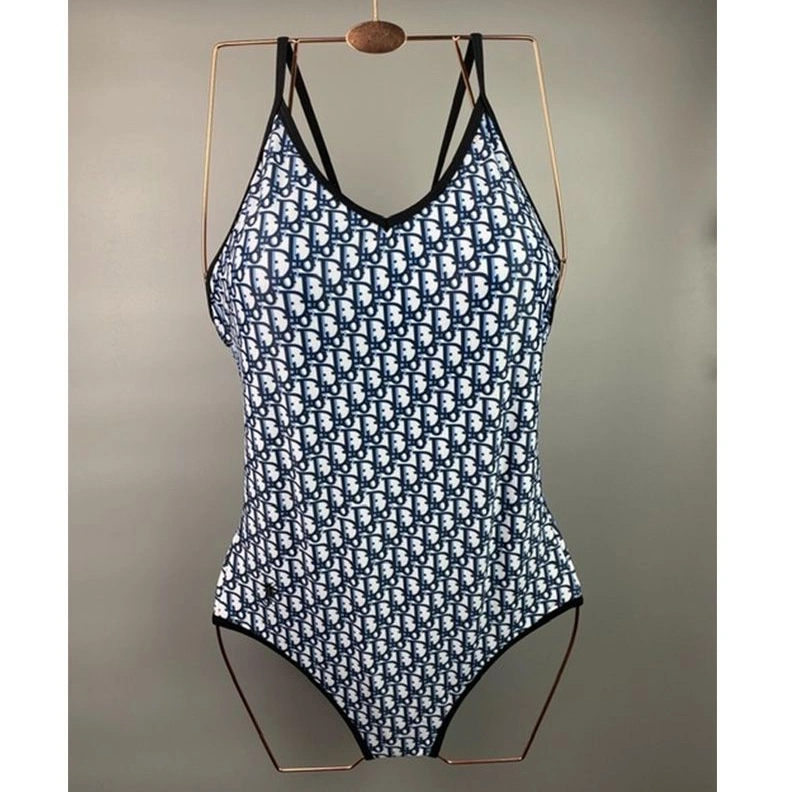 EasyMatch 9229 Dior Crisscross Swimsuit Women Oblique with Bee CD Motif Lycra Blue