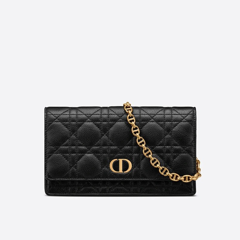 Fashionable 1887 Dior Caro Belt Pouch with Chain Cannage Calfskin Black