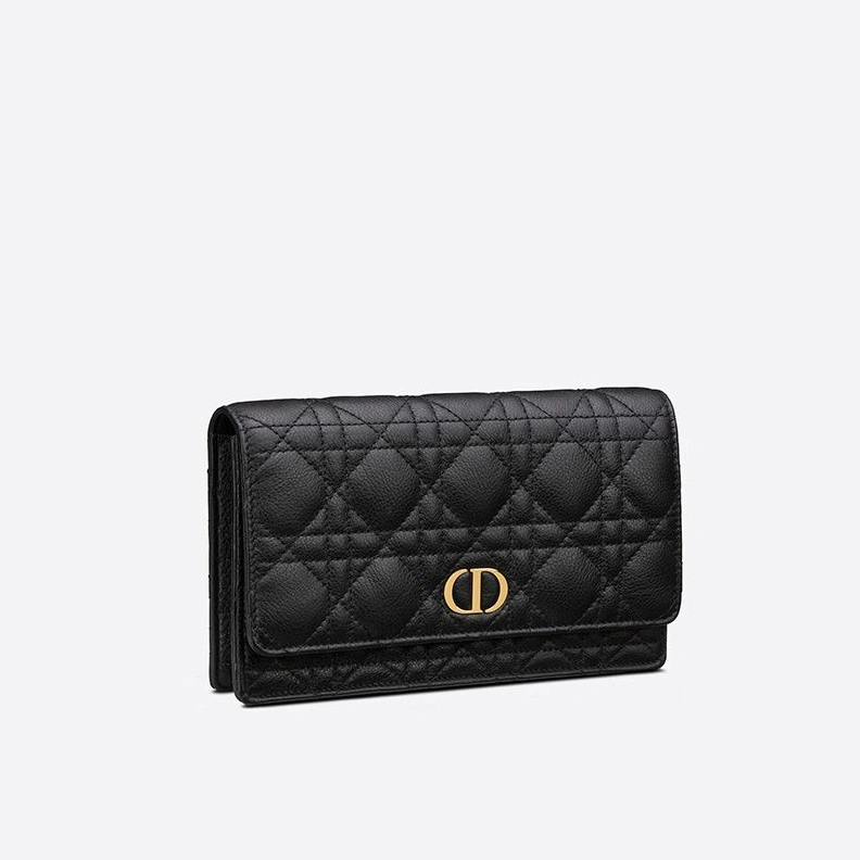 Fashionable 1887 Dior Caro Belt Pouch with Chain Cannage Calfskin Black